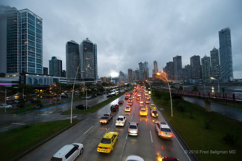 20101202_185643 D3S.jpg - Skyline, Panama City from pedestrian overpass.  Looking down on Cinta Costera, built on land fill within the past 2 years. Balboa Avenue is to the left